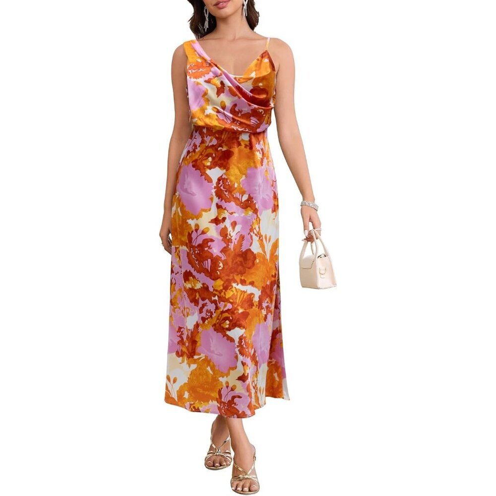Women's Orange Pink Elegant Cowl Neck Adjustable Spaghetti Strap Maxi Dress
